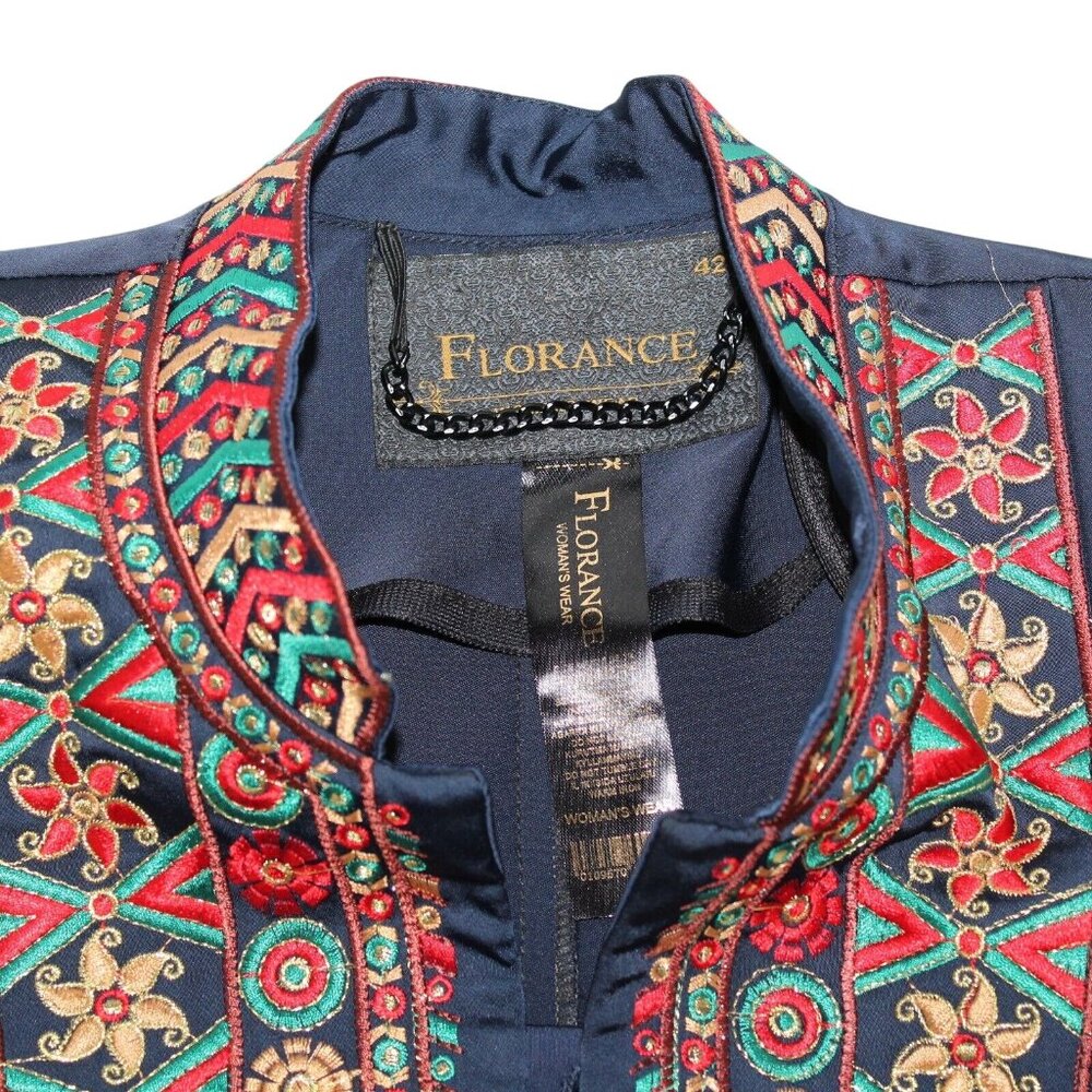 VTG Florance Sz 12 Eur 42 Navy Blue Embroidered Collar Hostess Gown Robe Dress - Picture 9 of 12